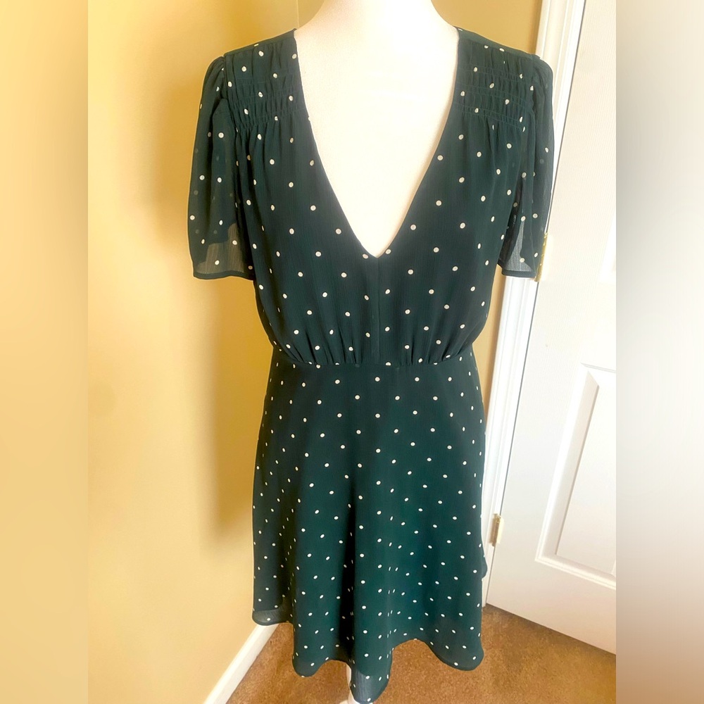 Madewell Green with White Polka Dot Chiffon Flutter Sleeve Dress Size 4
